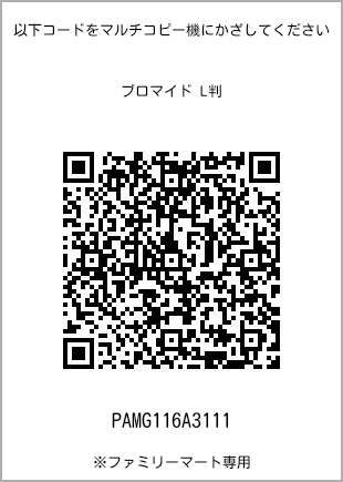 サイズブロマイド L判、プリント番号[PAMG116A3111]のQRコード。ファミリーマート専用