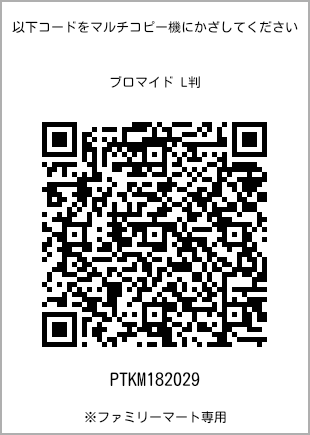 サイズブロマイド L判、プリント番号[PTKM182029]のQRコード。ファミリーマート専用