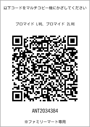 サイズブロマイド L判、プリント番号[ANT2034384]のQRコード。ファミリーマート専用