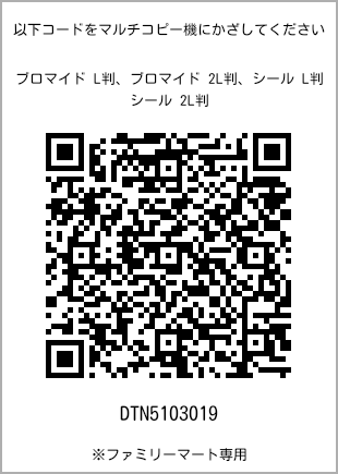 サイズブロマイド L判、プリント番号[DTN5103019]のQRコード。ファミリーマート専用