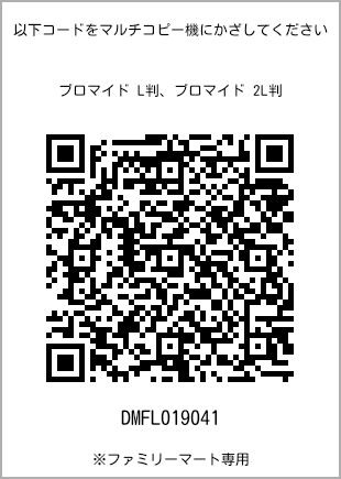 サイズブロマイド L判、プリント番号[DMFL019041]のQRコード。ファミリーマート専用