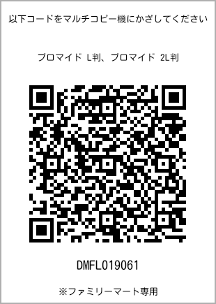 サイズブロマイド L判、プリント番号[DMFL019061]のQRコード。ファミリーマート専用
