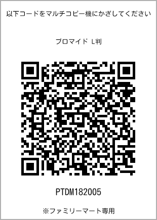 サイズブロマイド L判、プリント番号[PTDM182005]のQRコード。ファミリーマート専用