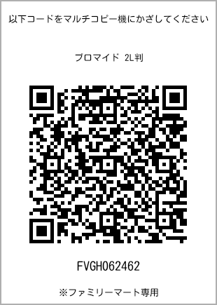 サイズブロマイド 2L判、プリント番号[FVGH062462]のQRコード。ファミリーマート専用