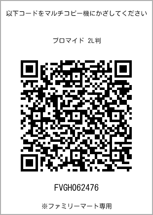サイズブロマイド 2L判、プリント番号[FVGH062476]のQRコード。ファミリーマート専用