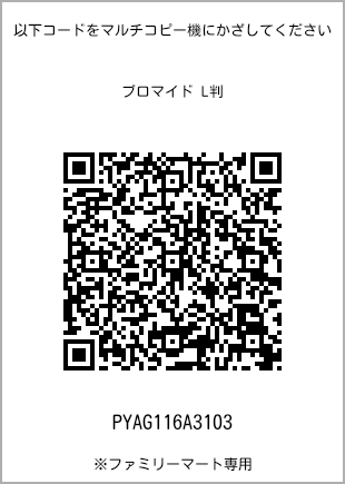 サイズブロマイド L判、プリント番号[PYAG116A3103]のQRコード。ファミリーマート専用