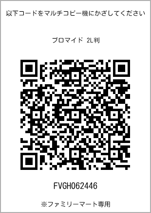サイズブロマイド 2L判、プリント番号[FVGH062446]のQRコード。ファミリーマート専用