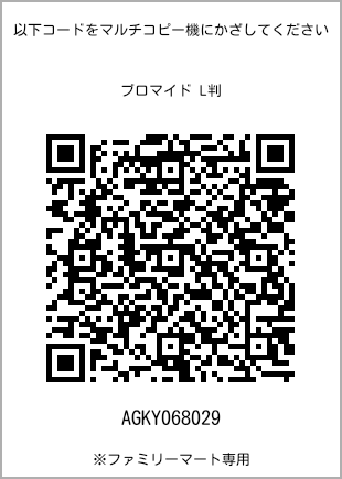 サイズブロマイド L判、プリント番号[AGKY068029]のQRコード。ファミリーマート専用