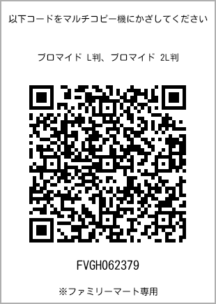 サイズブロマイド L判、プリント番号[FVGH062379]のQRコード。ファミリーマート専用