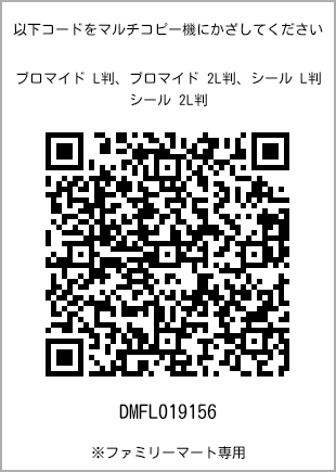 サイズブロマイド L判、プリント番号[DMFL019156]のQRコード。ファミリーマート専用