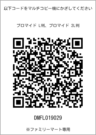 サイズブロマイド L判、プリント番号[DMFL019029]のQRコード。ファミリーマート専用