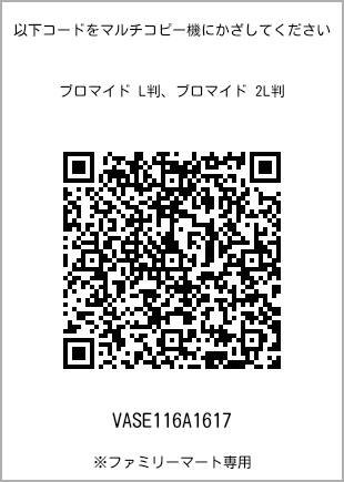 サイズブロマイド L判、プリント番号[VASE116A1617]のQRコード。ファミリーマート専用