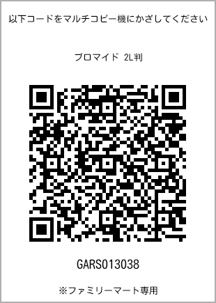 サイズブロマイド 2L判、プリント番号[GARS013038]のQRコード。ファミリーマート専用