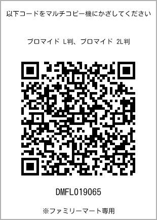 サイズブロマイド L判、プリント番号[DMFL019065]のQRコード。ファミリーマート専用