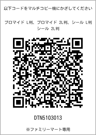 サイズブロマイド L判、プリント番号[DTN5103013]のQRコード。ファミリーマート専用