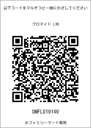 サイズブロマイド L判、プリント番号[DMFL019149]のQRコード。ファミリーマート専用