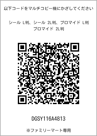 サイズブロマイド L判、プリント番号[DGSY116A4813]のQRコード。ファミリーマート専用