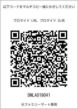 サイズブロマイド L判、プリント番号[DMLA019041]のQRコード。ファミリーマート専用