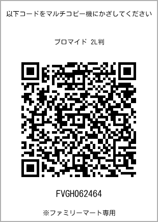 サイズブロマイド 2L判、プリント番号[FVGH062464]のQRコード。ファミリーマート専用