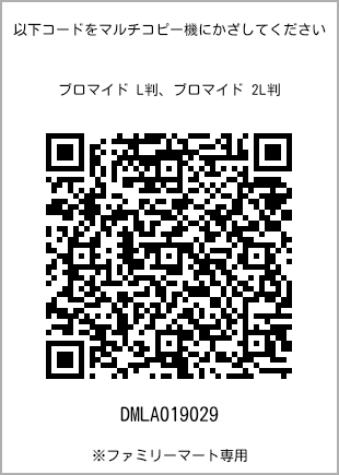 サイズブロマイド L判、プリント番号[DMLA019029]のQRコード。ファミリーマート専用
