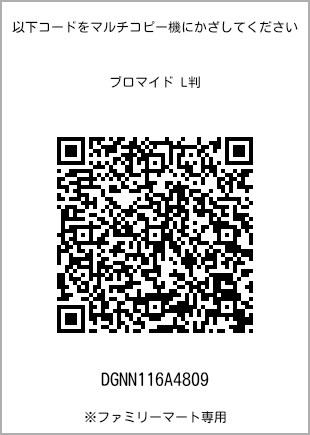 サイズブロマイド L判、プリント番号[DGNN116A4809]のQRコード。ファミリーマート専用