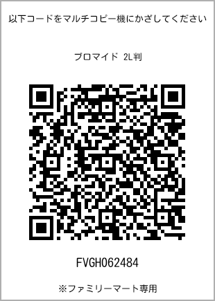 サイズブロマイド 2L判、プリント番号[FVGH062484]のQRコード。ファミリーマート専用