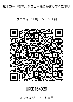 サイズブロマイド L判、プリント番号[UKSE164029]のQRコード。ファミリーマート専用