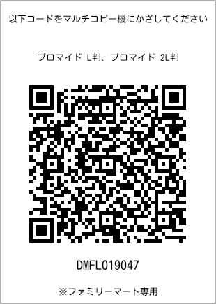 サイズブロマイド L判、プリント番号[DMFL019047]のQRコード。ファミリーマート専用
