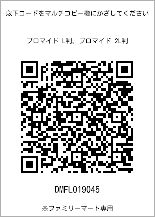 サイズブロマイド L判、プリント番号[DMFL019045]のQRコード。ファミリーマート専用