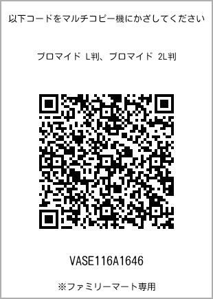 サイズブロマイド L判、プリント番号[VASE116A1646]のQRコード。ファミリーマート専用