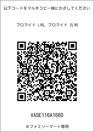 サイズブロマイド L判、プリント番号[VASE116A1660]のQRコード。ファミリーマート専用