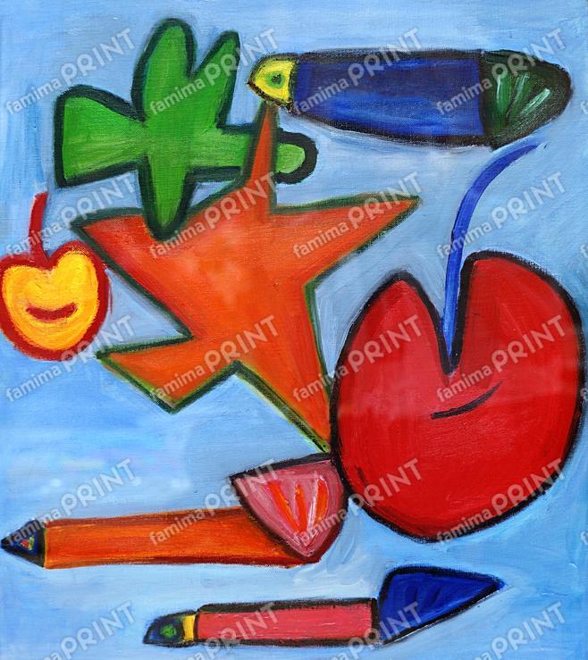 秋を彩る小さなアート 作品29　原崎真由美　りんごと魚とハートのある風景