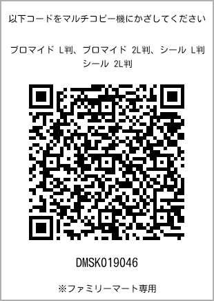 サイズブロマイド L判、プリント番号[DMSK019046]のQRコード。ファミリーマート専用