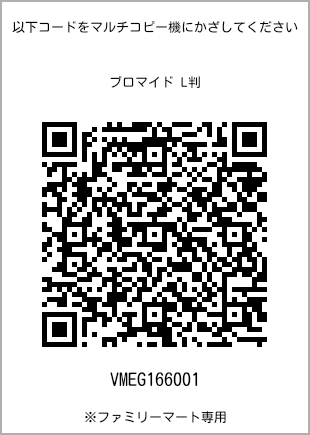 サイズブロマイド L判、プリント番号[VMEG166001]のQRコード。ファミリーマート専用