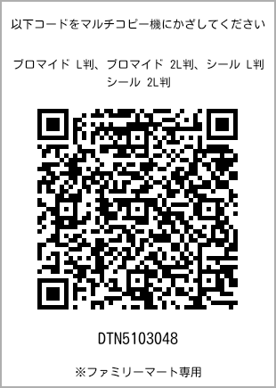 サイズブロマイド L判、プリント番号[DTN5103048]のQRコード。ファミリーマート専用