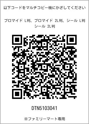 サイズブロマイド L判、プリント番号[DTN5103041]のQRコード。ファミリーマート専用