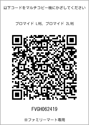 サイズブロマイド L判、プリント番号[FVGH062419]のQRコード。ファミリーマート専用