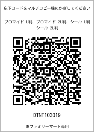 サイズブロマイド L判、プリント番号[DTNT103019]のQRコード。ファミリーマート専用