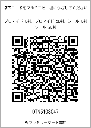 サイズブロマイド L判、プリント番号[DTN5103047]のQRコード。ファミリーマート専用
