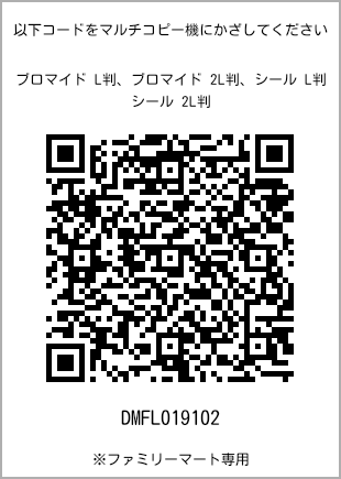 サイズブロマイド L判、プリント番号[DMFL019102]のQRコード。ファミリーマート専用