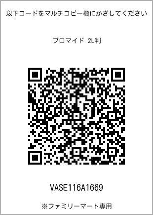 サイズブロマイド 2L判、プリント番号[VASE116A1669]のQRコード。ファミリーマート専用